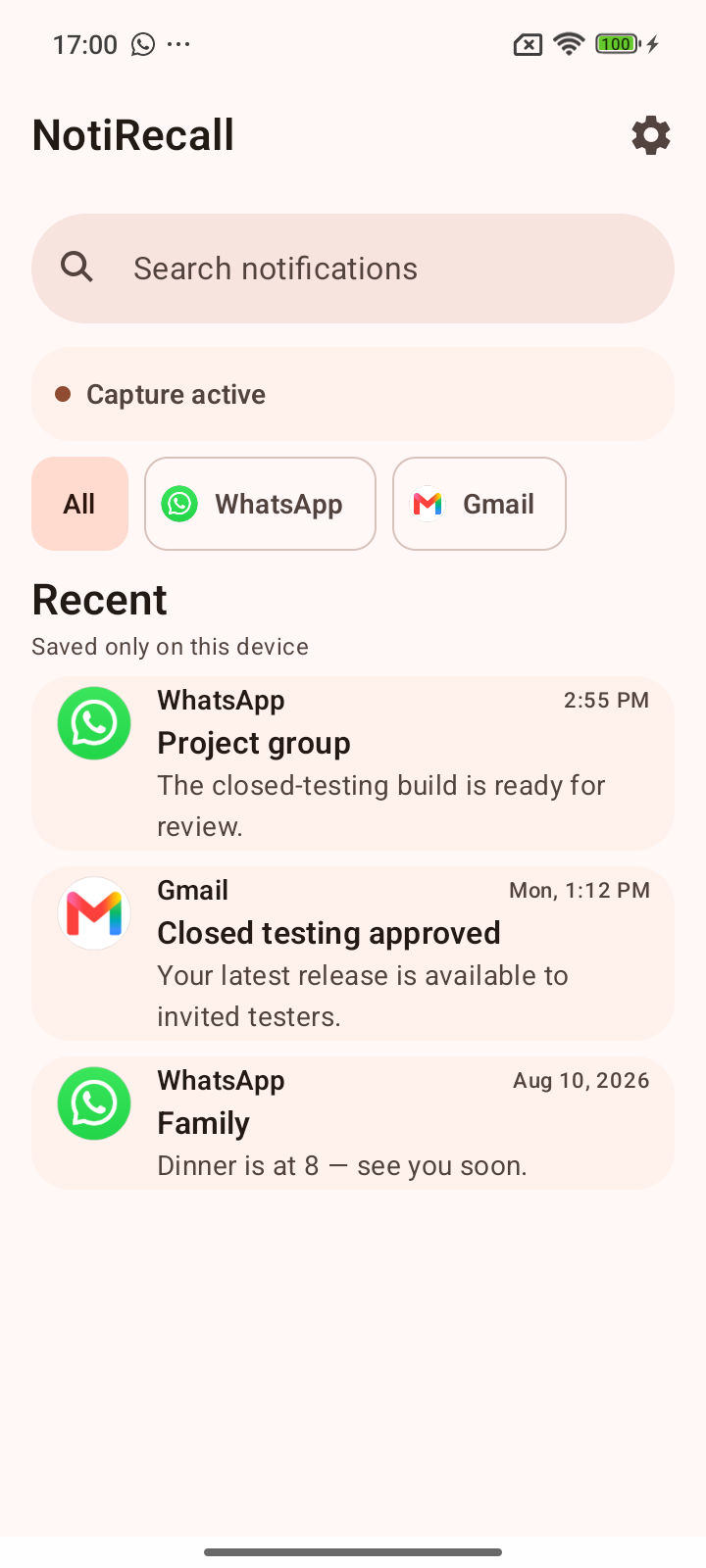 NotiRecall notification history showing saved WhatsApp and Gmail notifications