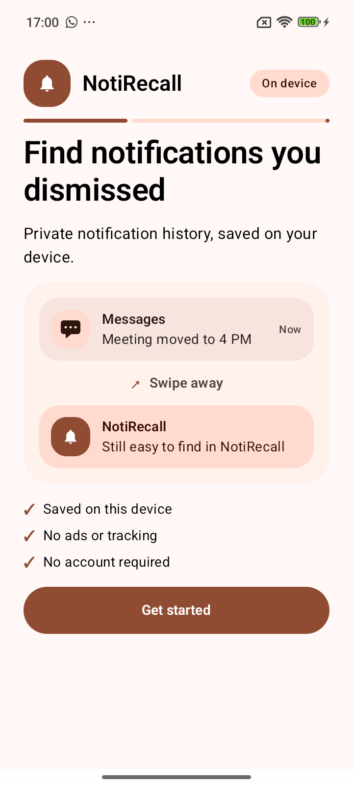 NotiRecall onboarding explaining private notification history saved on the device